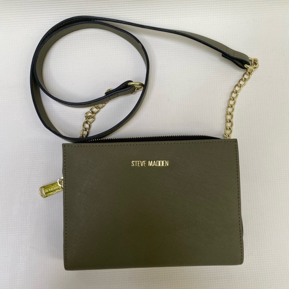 Steve Madden Olive Green Slim Crossbody Purse with‎ multiple Pockets Gold Chain
